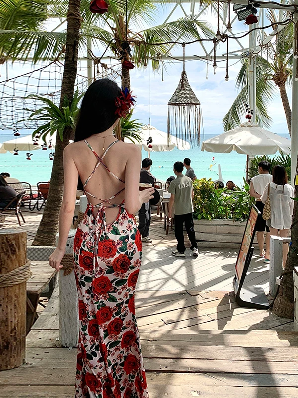 Rétro Rose imprimé sangle longue Dr minceur haute Ne Sexy Bal plage Vaion Dr été coton tricoté Maxi robe