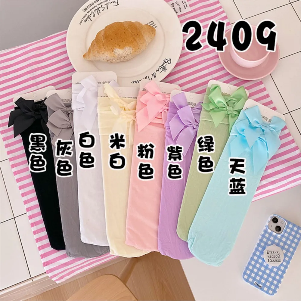 Girls Lace socks Spring/Summer thin mid-tube socks kids velvet bow Candy color Pile Lolita stockings children sock