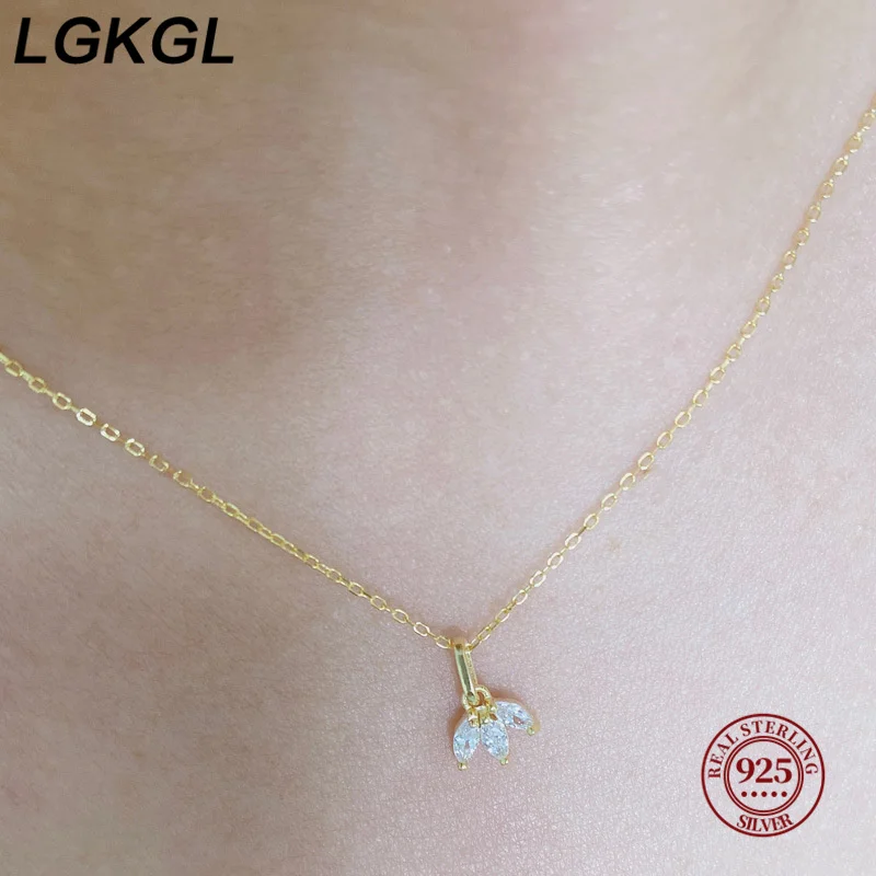 LGKGL French S925 sterling silver necklace with diamonds for women, three zircons, beautiful and exquisite fine clavicle chain