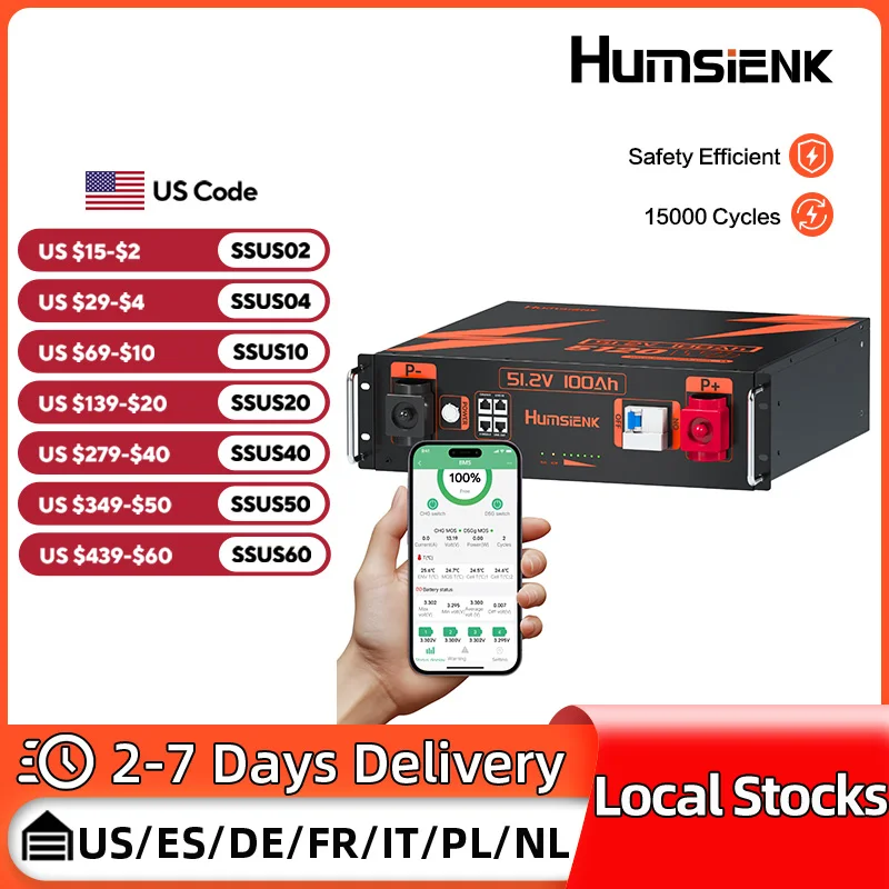 

Humsienk LiFePO4 Server Rack Battery 48V 100AH With 100A BMS Bluetooth Portable For Vans, RV, Golf Cart,Touring Car,Solar Energy