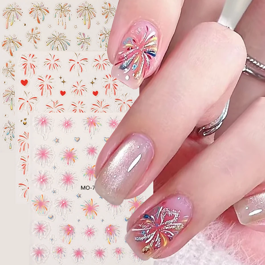 3 Stück 3D Neujahr Cartoon Feuerwerk Nagelaufkleber holografisch glänzendes Feuerwerk selbstklebende Nagelaufkleber Glitzer DIY Nageldekoration