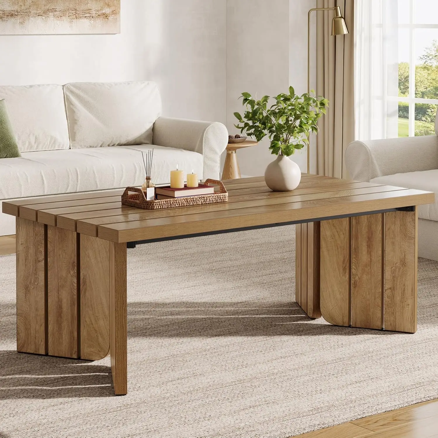 Rectangle Coffee Table, 47-Inch Farmhouse Center Table For Living Room, Walnut Wood Finish