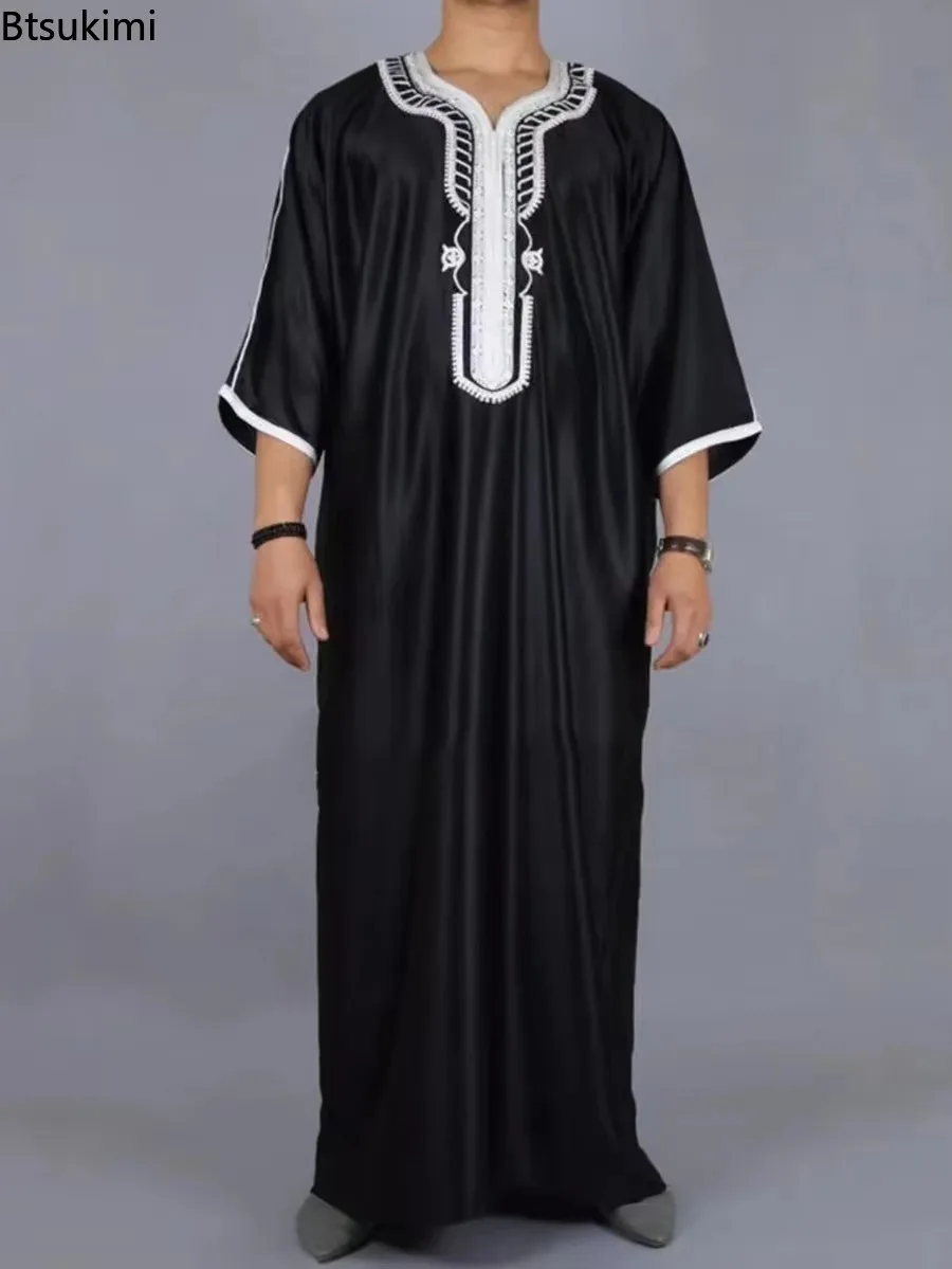 New 2025 Muslim Fashion Abayas for Men Patchwork Embroidery Long Robe Saudi Arab Kaftan Male Jubba Thobe Islamic Moroccan Abaya