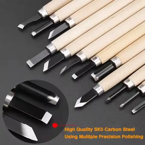 Professional 12‑Piece Wood Carving Chisel & Gouge Hand Tool Set for Woodworkers Basic Detailed DIY Art Craft Carving Projects