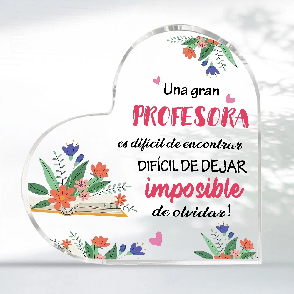 2D Flat Design, 1 Piece Spanish Heart-Shaped Acrylic Plaque - Inspirational Quote Teacher Gift, Floral Pattern Desktop