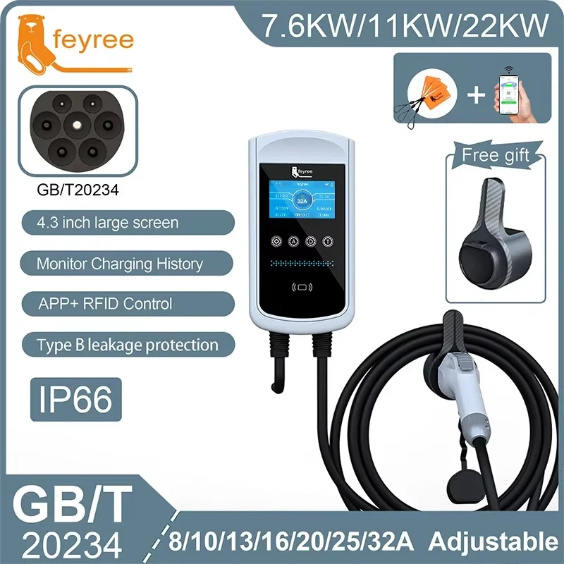 feyree EV Charger GB/T Socket 7.6kw 32A Wallbox 4.3 inch Big Screen APP Charge History Record 11kw 22kw 3 Phase Charging Station