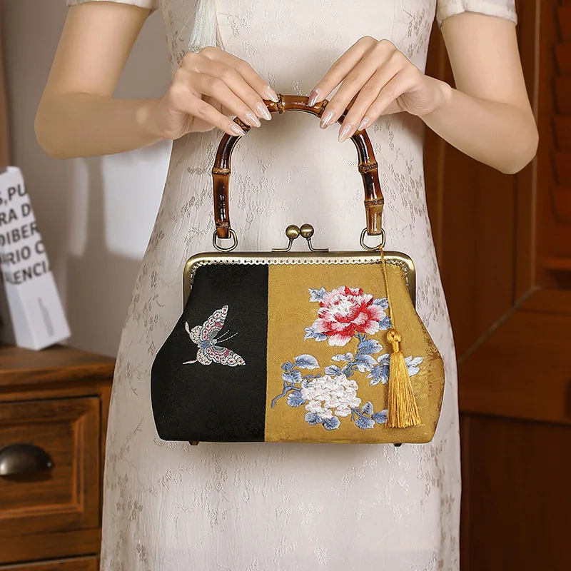 Women Vintage Floral Embroidery Fringes Medium Size Handbag Retro Chic Bamboo Handle Patchwork Chinese Style Chain Shoulder Bag