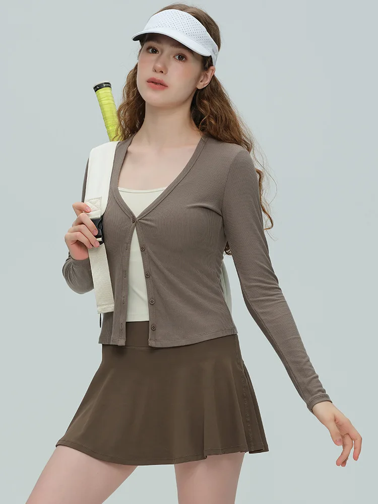 

Осеннее женское пальто для йоги с длинным рукавом из модала, дышащее высокоэластичное пальто на пуговицах с v-образным вырезом, спортивный однотонный кардиган для фитнеса