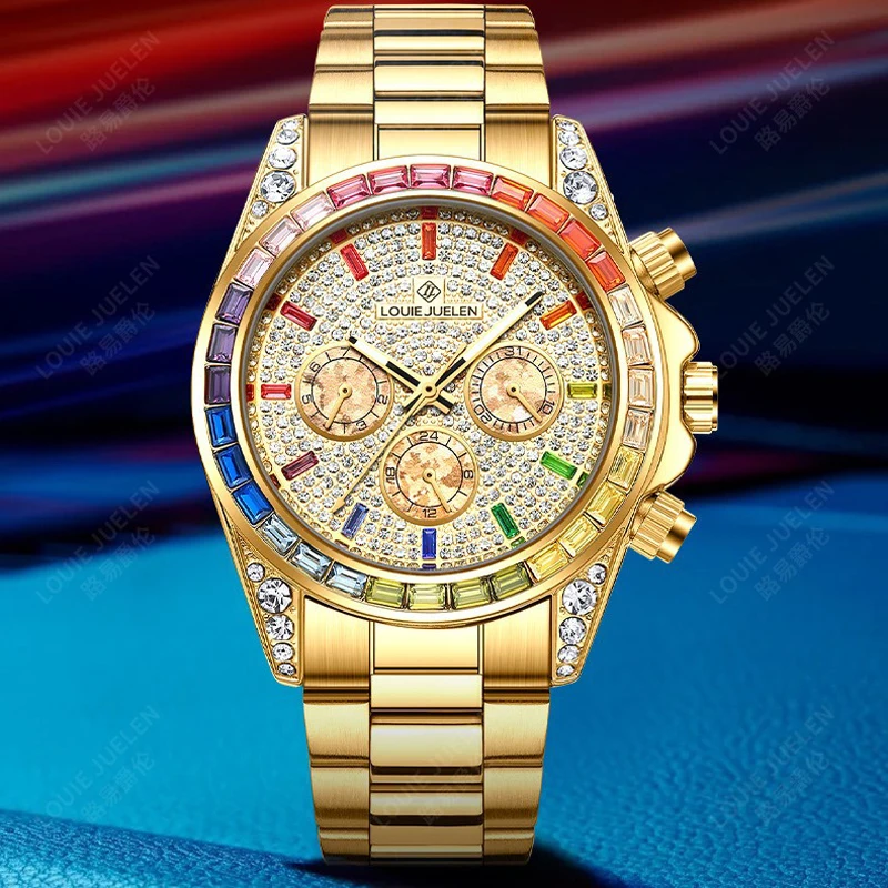 

Full Diamond-Encrusted Luxury Gold Mechanical Watch for Men Stainless Steel Strap Waterproof Automatic Week Date Watches Mens