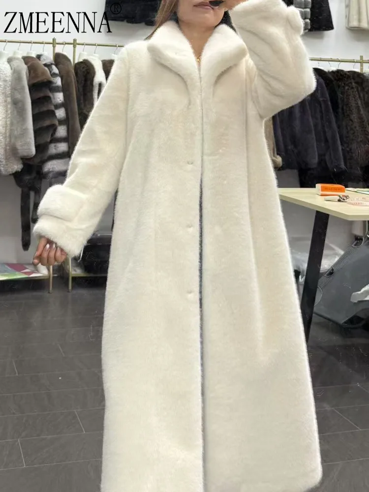 

ZMEENNA Women's Winter Faux Fur Coat Elegant White Plush Long Jacket Warm Outerwear Chic Soft Shaggy Cardigan ZM3724