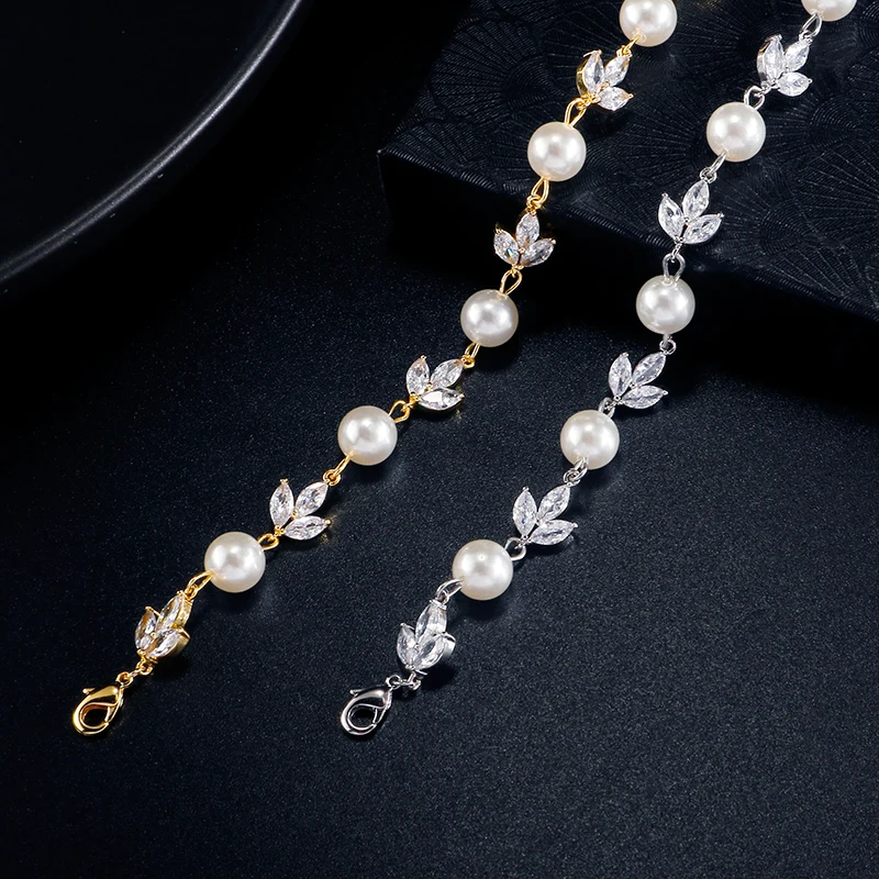 ZAKOL Fashion Round Pearls Bracelets For Women Elegant Leaf Sparking Zircon Chain Bracelet Wedding Engagement Party Jewelry