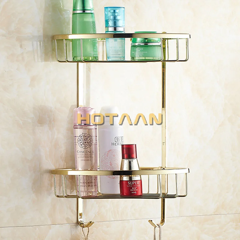 . Wall Mounted Gold Finish Brass Bathroom Shower Shampoo Shelf  Basket Holder Fashion Double Layer YT-7021