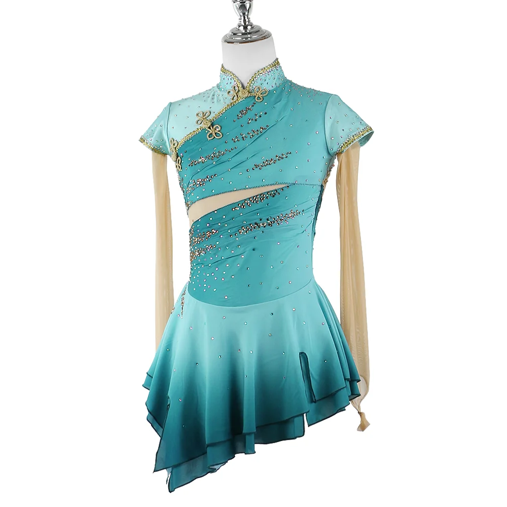 Zagitova Eiskunstlaufkleid für Damen und Mädchen, Mintgrün, Eislaufrock, Cheongsam, Leistungswettbewerb, Kostüm im chinesischen Stil