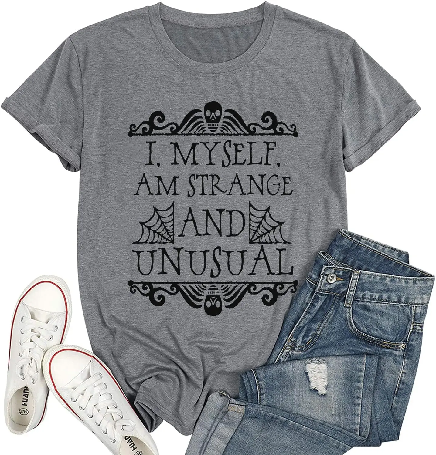 I Myself Am Strange and Unusual Tshirt Women Novelty Funny Letter Print Halloween Shirt Horror Movie Graphic Tees