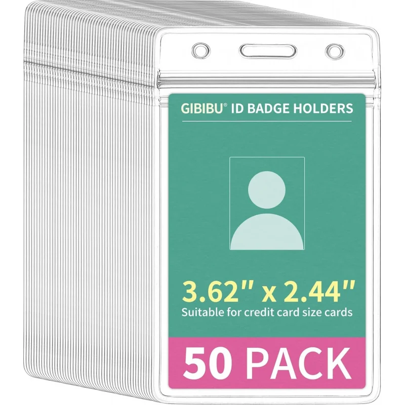 50 Pcs Vertical ID Badge Holder, Clear Plastic Card Sleeve, Nurses Work Name Tag Holders,