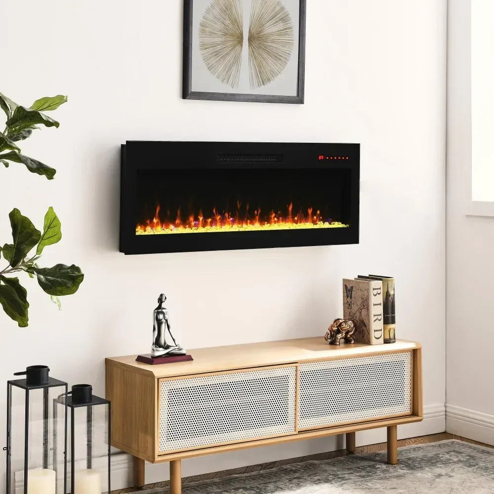 

42 Inch Recessed Ultra Thin Tempered Glass Front Wall Mounted Electric Fireplace with Remote and Multi Color Flame & Emberbed