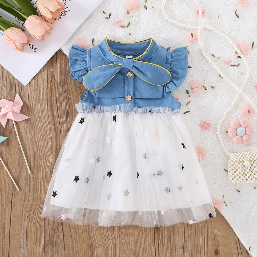 

Baby Girl Denim Dress Star Embroidered Gauze Princess Dress for Kids Cute Summer Clothes