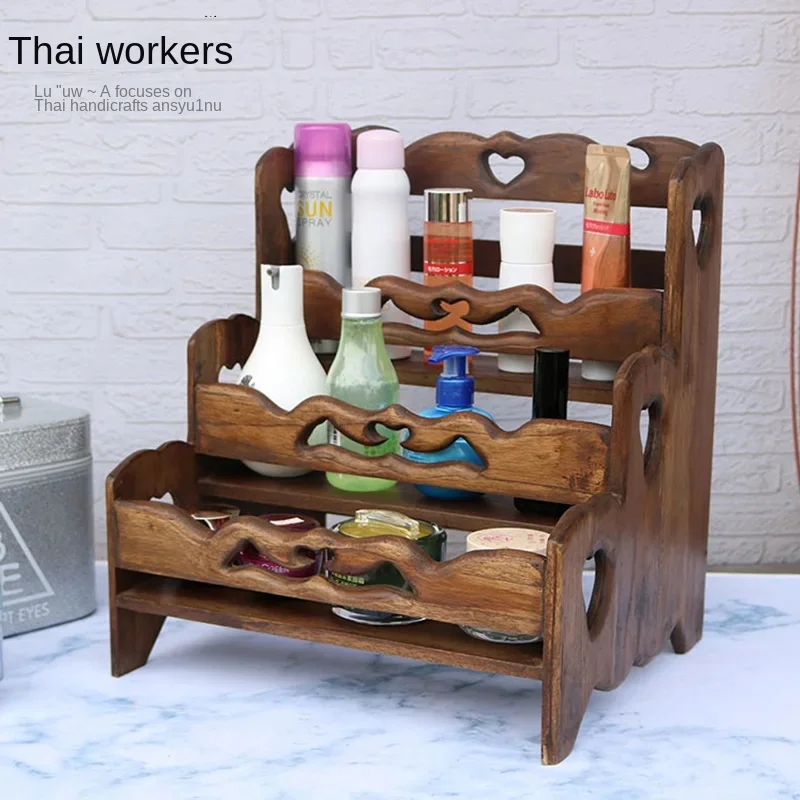 

Thai Solid Wood Storage Rack for Kitchen, Ancient Design Desktop Organizer, Bathroom Cosmetic Shelf, Living Room Decor