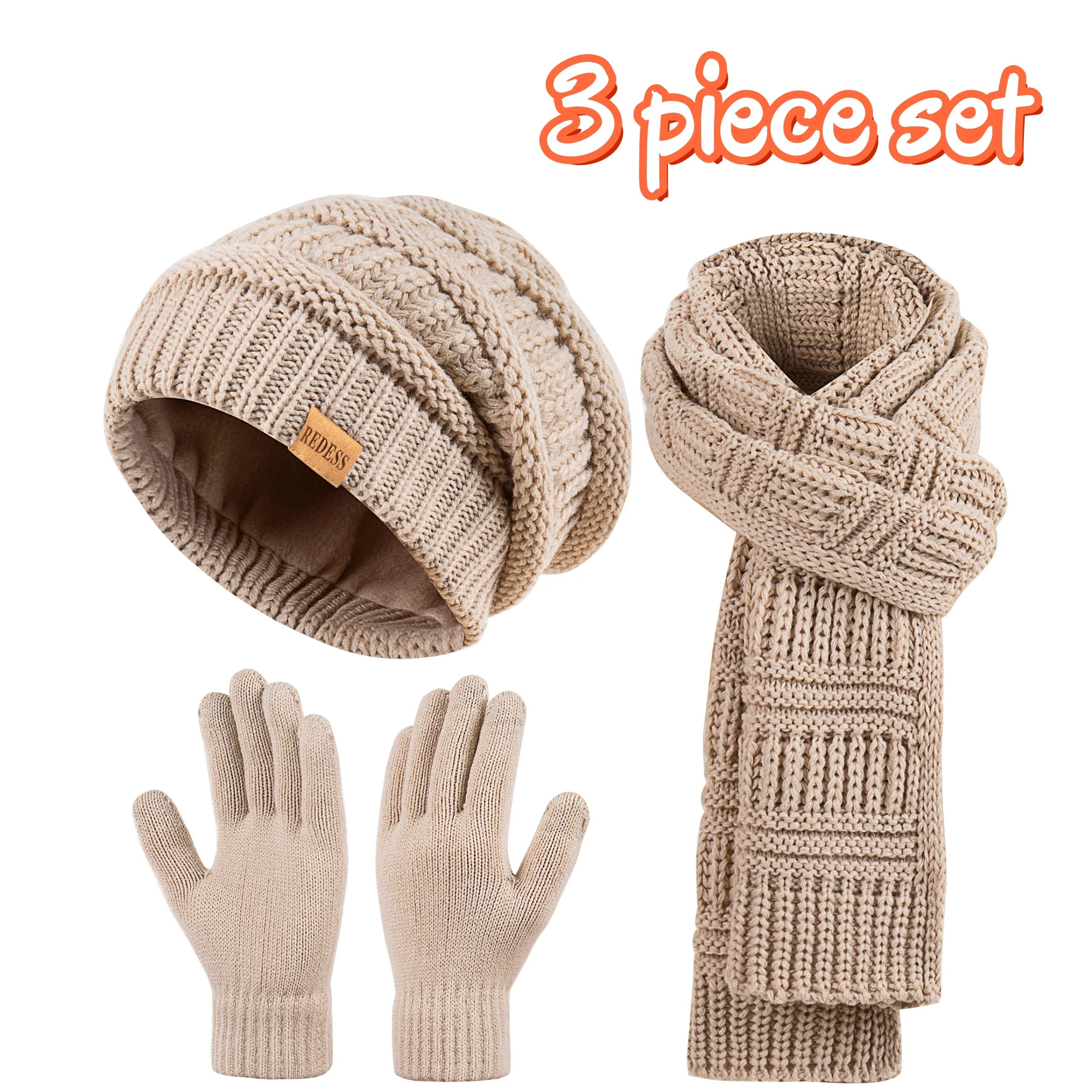 Lässige Wintermütze aus Fleece für Damen, Touchscreen-Handschuhe, gestrickter langer Schal, dreiteiliges Set, geeignet für den Winter