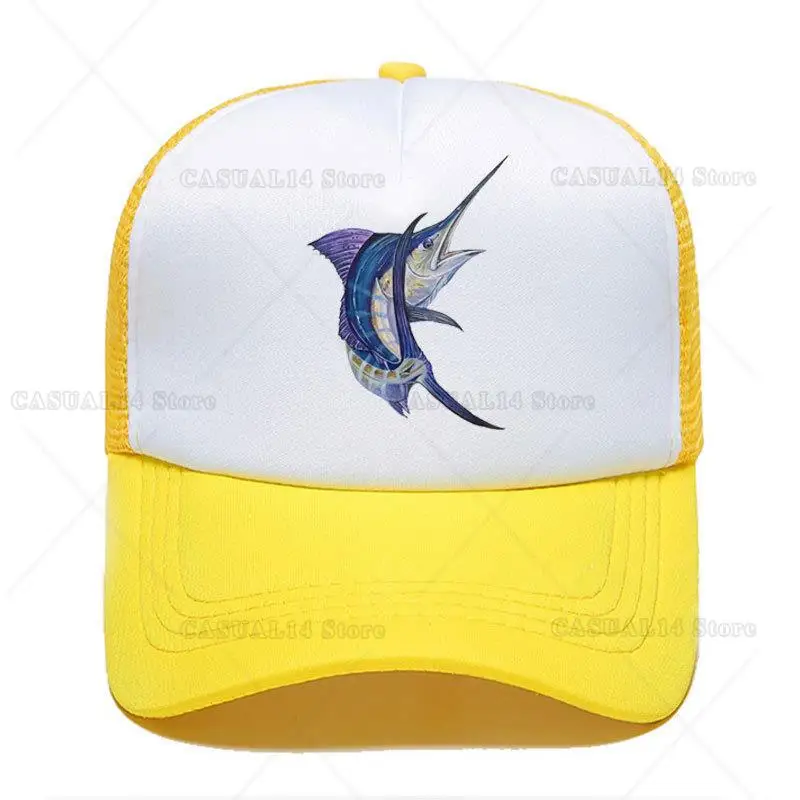 Marlin Bent Fish Print Baseball Cap Funny Casual Men Women Parent-child Hats Mesh Visor Outdoor Sun Hat Adjustable Caps