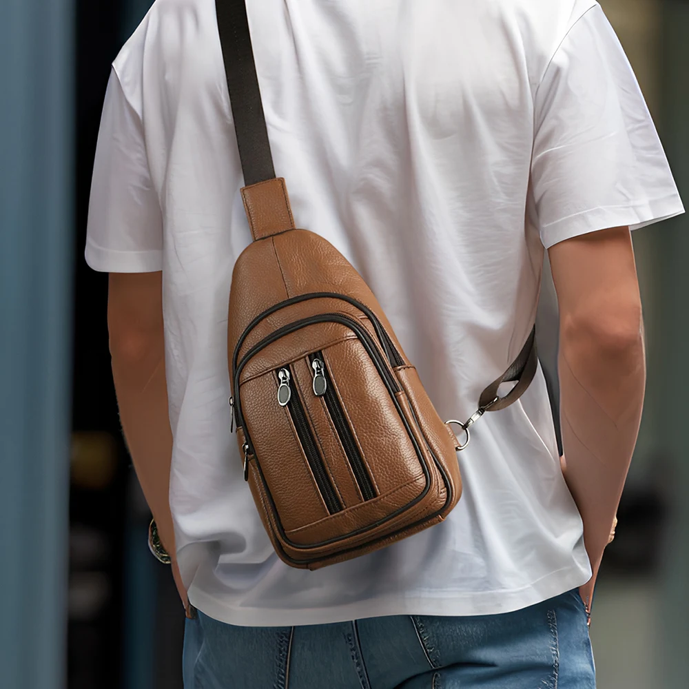 Chaîne YIR-Sac à bandoulière en cuir véritable pour hommes, sac de poitrine de voyage, sacs à bandoulière initiés décontractés pour iPad 7.9 pouces, sacs cartable