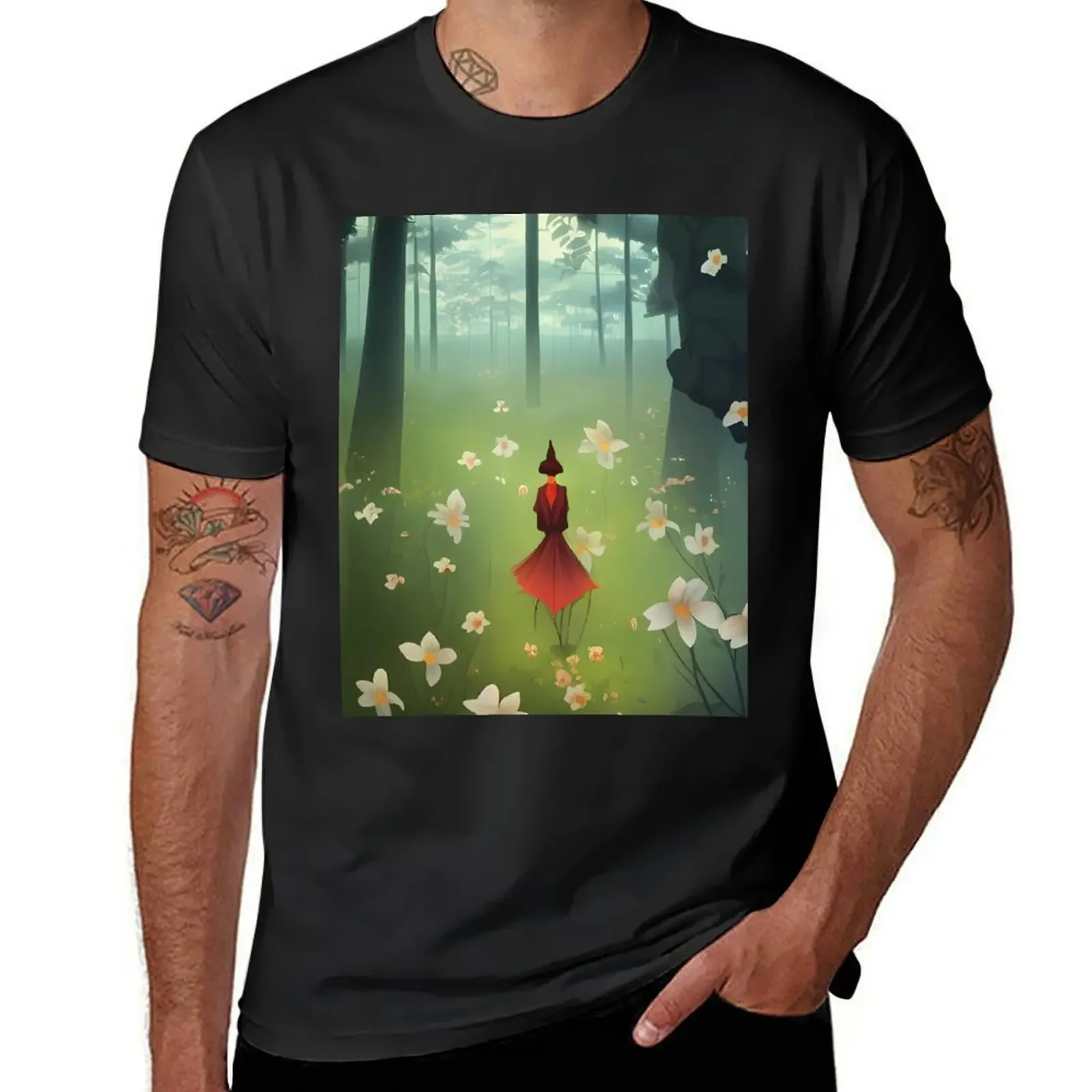 Wandering Soul Collection, Dreamy abstract landscape, forest, nature, red, green, foggy, version 3 T-Shirt