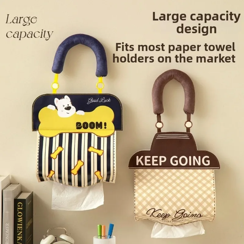 PU Leather Hanging Tissue Dispenser Waterproof Cartoon Pattern Multi‑use Tissue Storage Bag for Car Interior Home