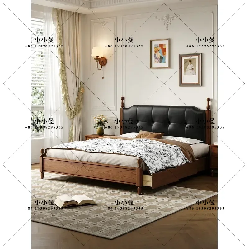 Solid Wood Bed with First Layer Leather Upholstery Storage Double 1.8m Single 1.5m for Master Bedroom Small Apartment