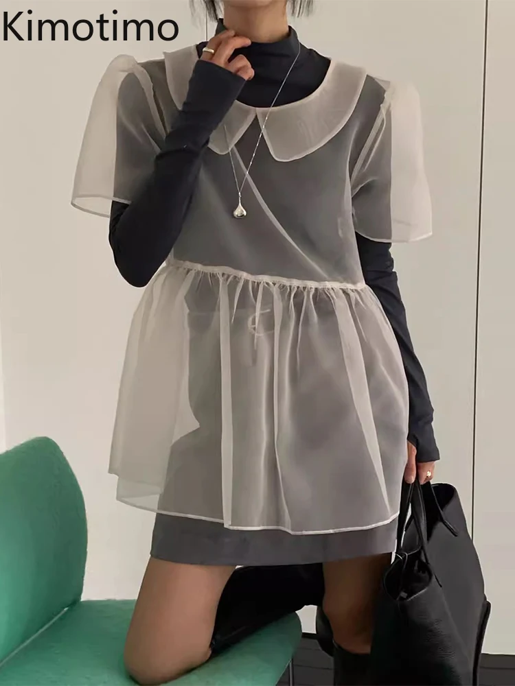 

Kimotimo Sweet Peter Pan Collar Sheer Shirt Women Summer Puff Sleeve Patchwork Ruffled Overlap Tops Fashion Solid Loose Blouse