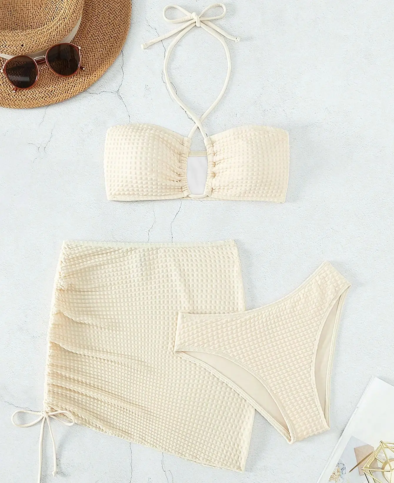 3 Piece Bikini Suit Beige Color Sexy Hang neck Swimwear Female Side Draw rope Skirt Women Beach suit