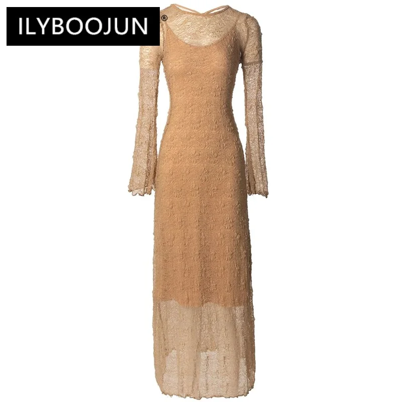 

ILYBOOJUN Fashion Designer Autumn Lace Long Dress Women's O-Neck Long Sleeves Lace-up High Street Dresses