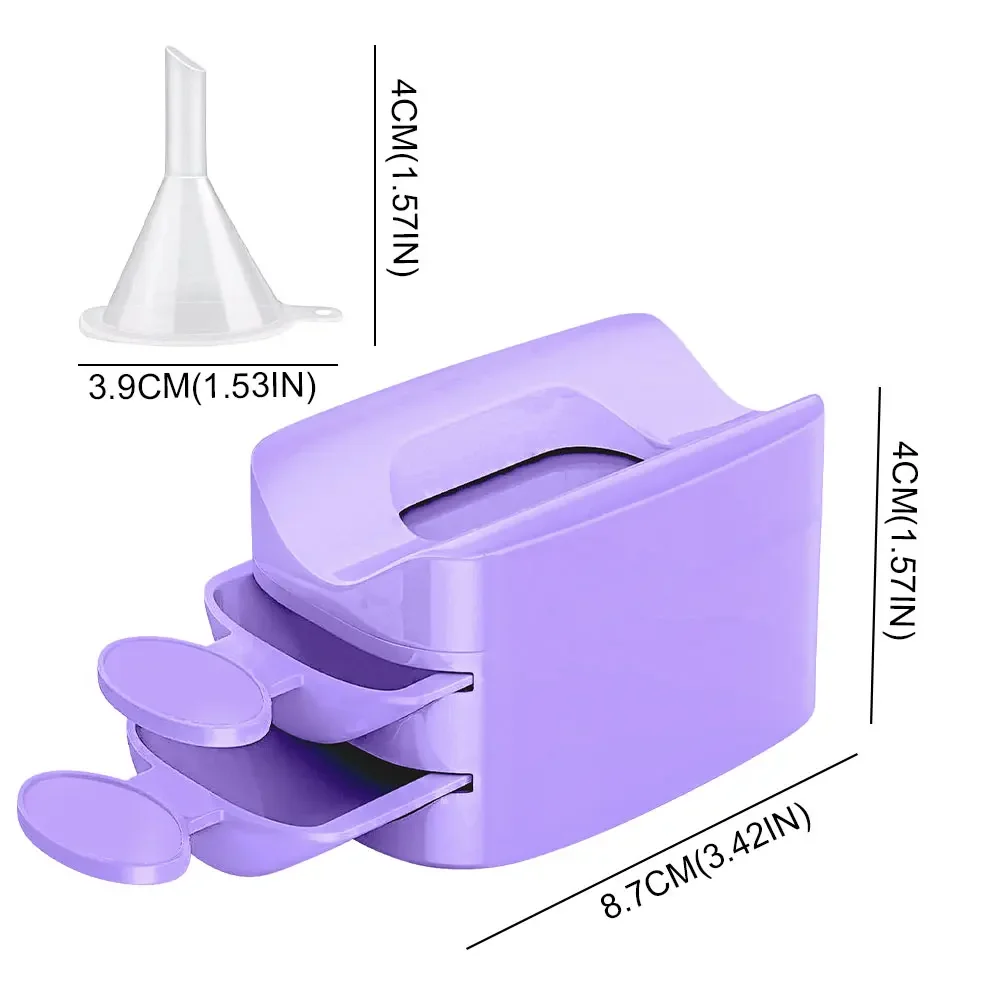 Kit di scatole di immagazzinaggio per accessori per polvere per nail art per unghie Scatola di immagazzinaggio tipo cassetto per polvere con strass glitterati con pennello e imbuto