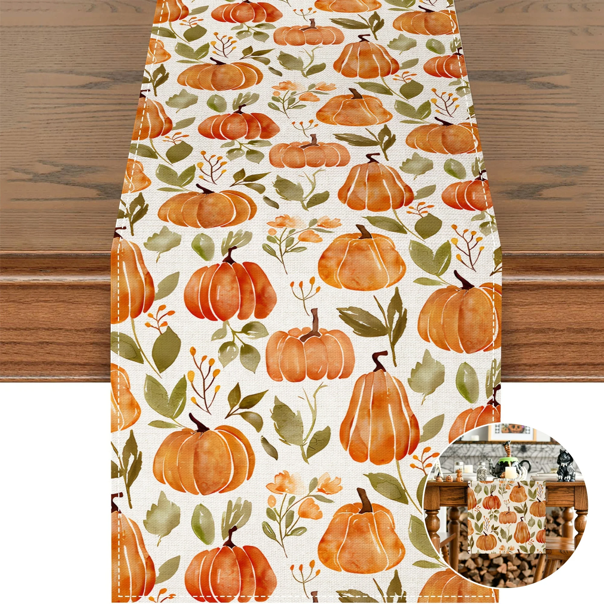 Autumn Pumpkin Table Runner Polyester Fiber Watercolor Patterned Kitchen Table Accent Warm Vibe Bringing Durable Certified