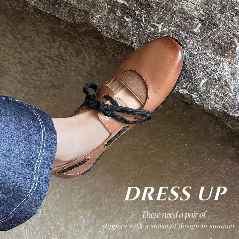 2026 new spring summer women pumps natural leather plus size 22-25cm washed cowhide+pigskin round toe lace-up women shoes