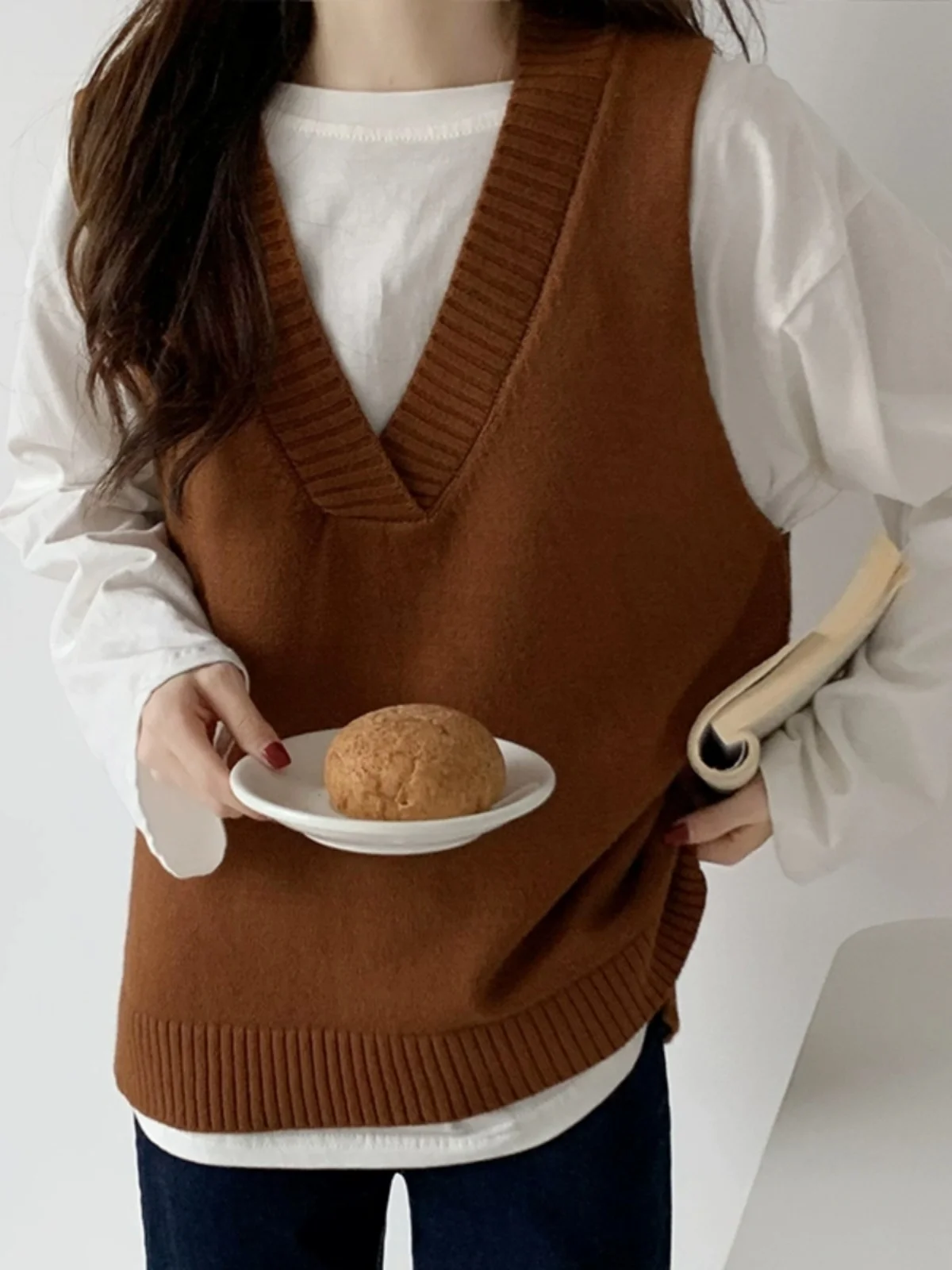 فضفاض محبوك اللون سترة المرأة الخريف جديد Sle Crew Ne Svel V-Ne سترة ملابس خارجية عصرية