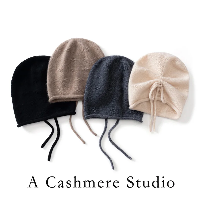 LHZSYY High Quality 100% Cashmere Knitted Hat for Women Winter Soft Warm Drawstring Outdoor Cap Female Skullies Beanies Hats