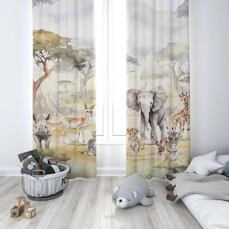 Safari Animals Nursery Curtains Kids Bedroom Curtains Black Out Nursery Decor Baby Room Bedroom Living Room Curtains