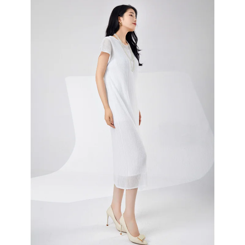 Miyake fada charme vestido feminino malha macia dupla camada respirável branco simples moda saia midi plissada [24321zsj-9947]