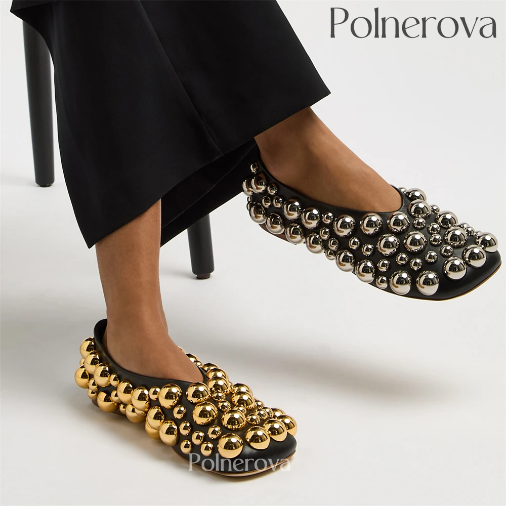 Ballerine asimmetriche con perline a bolle metalliche Ballerine morbide in pelle nera Stile designer Scarpe basse in pelle da donna con punta