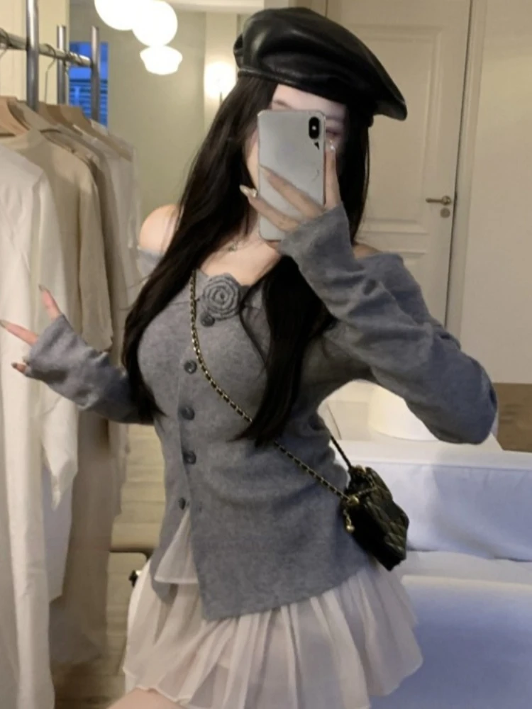 Sweet Elegant Flower Patchwork Knitted Sweaters Korean Gentle Slim Chic Coats Slash Neck Y2k Aesthetic Ins Solid Cardigans Women