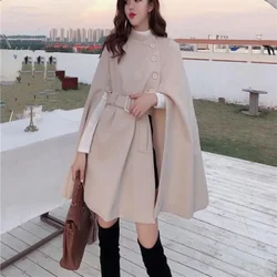QNPQYX New Autumn Women Woolen Cloth Shawl Cape Poncho with Belt Female Mid-length Korean Sleeveless Casual Ladies Cape Coats