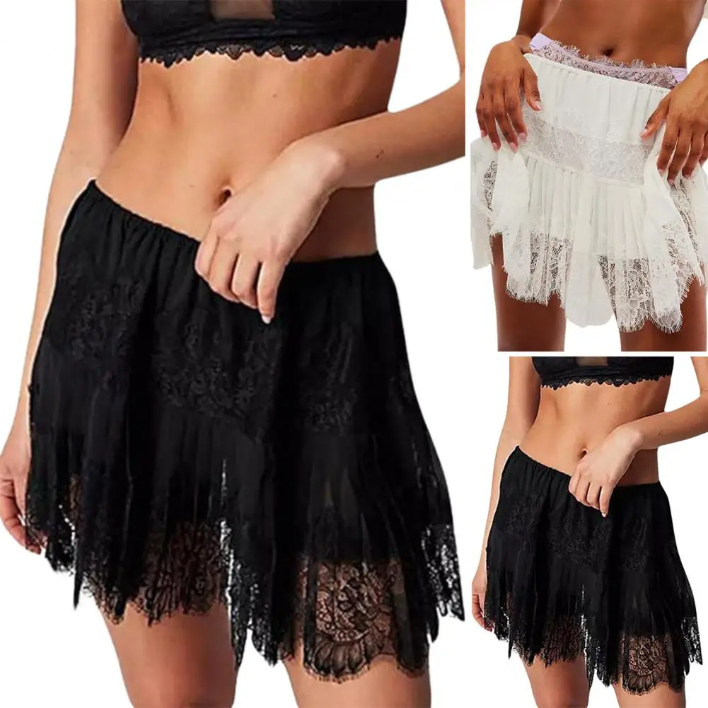 Кружевная тюлевая юбка Мини-юбка трапециевидной формы Черная однотонная многоуровневая кружевная юбка с низкой талией Женская белая юбка Fairycore Micro Boho