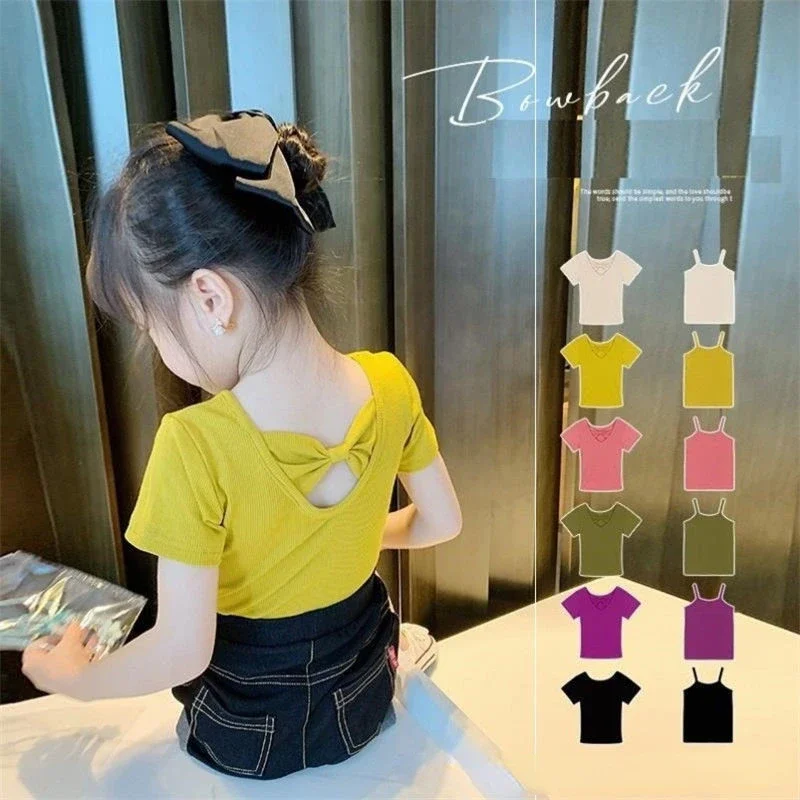 Girls T-shirt Kids Short Sleeved Back Bow-knot Baby Candy Color Shirt Clothes 2024 Summer Chilren\'s Solid Color Top Tees