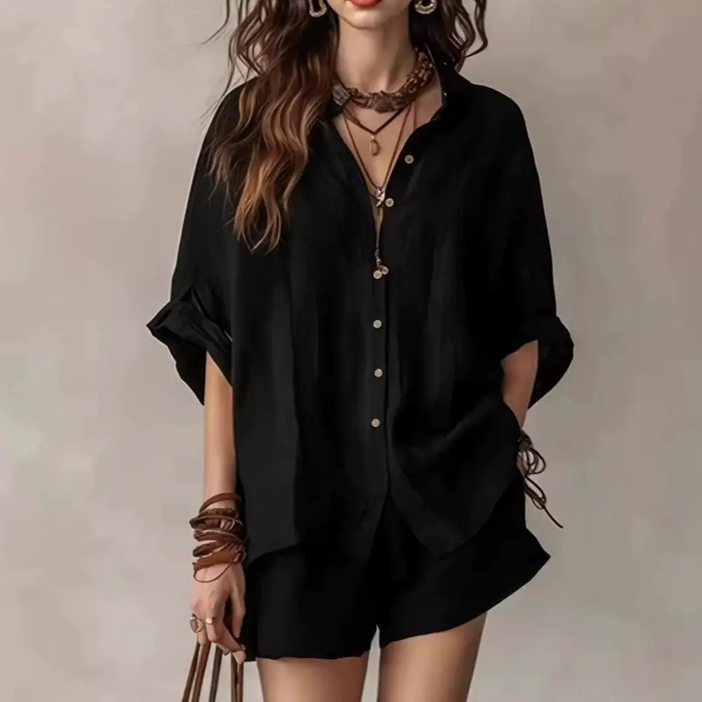 

Two Piece Outfit Women Women’s Summer Two Piece Outfit Short Sleeve Button Down Shirt Shorts Set with Pockets Lounge Wear