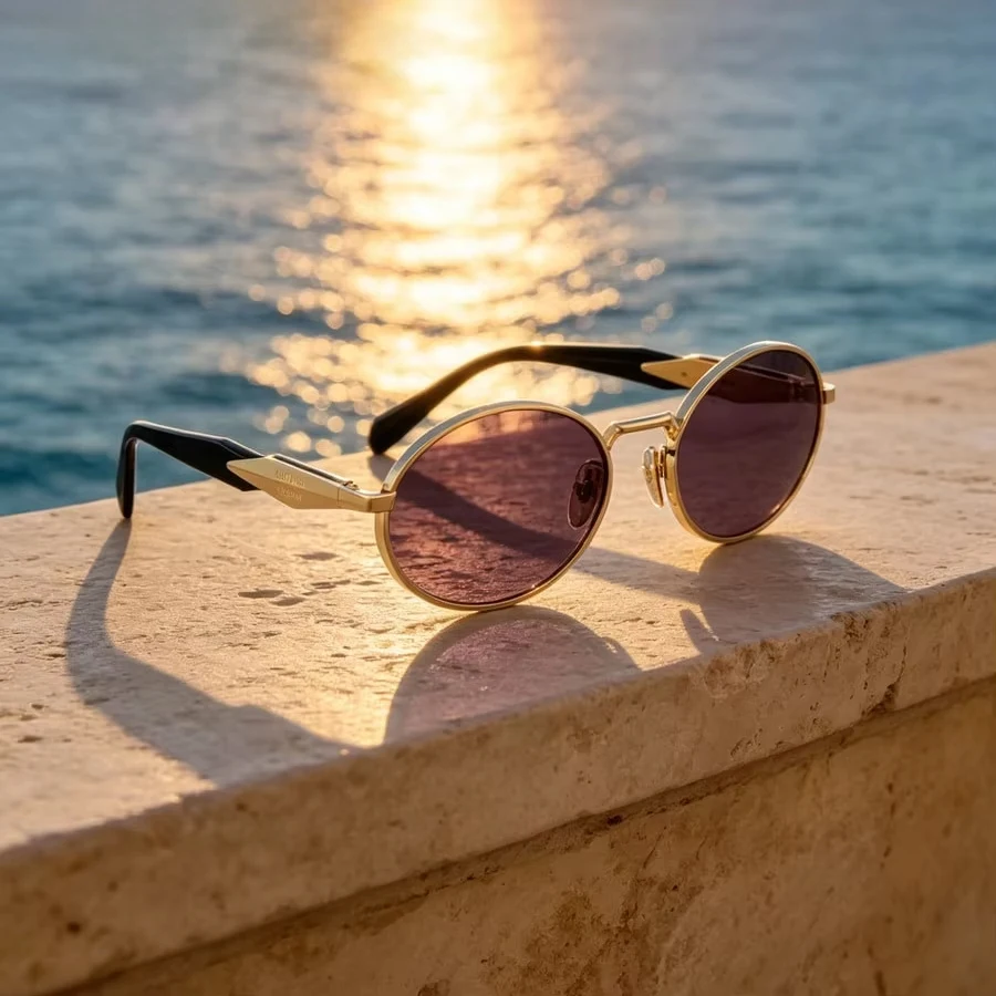 Prada High-end Elegant Golden Round Frame Eyewear Retro Delicate Unisex Glasses HD Anti-UV Wine Red Lens Premium Fashion Accesso