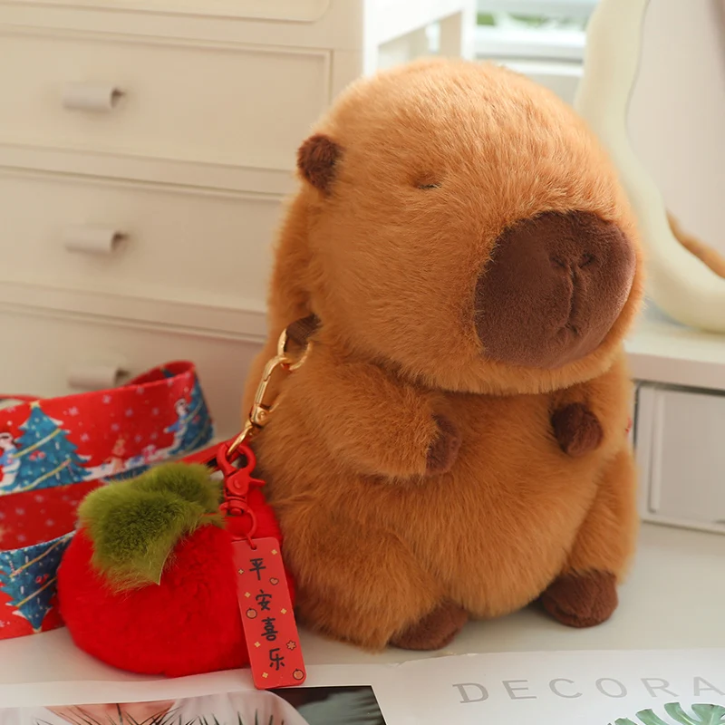 24cm Kawaii Capybara Plush Satchel Fruit Apple Persimmon Peach Poop Decorative Standing Capybara Plush Bag Soft Comfortable Gift