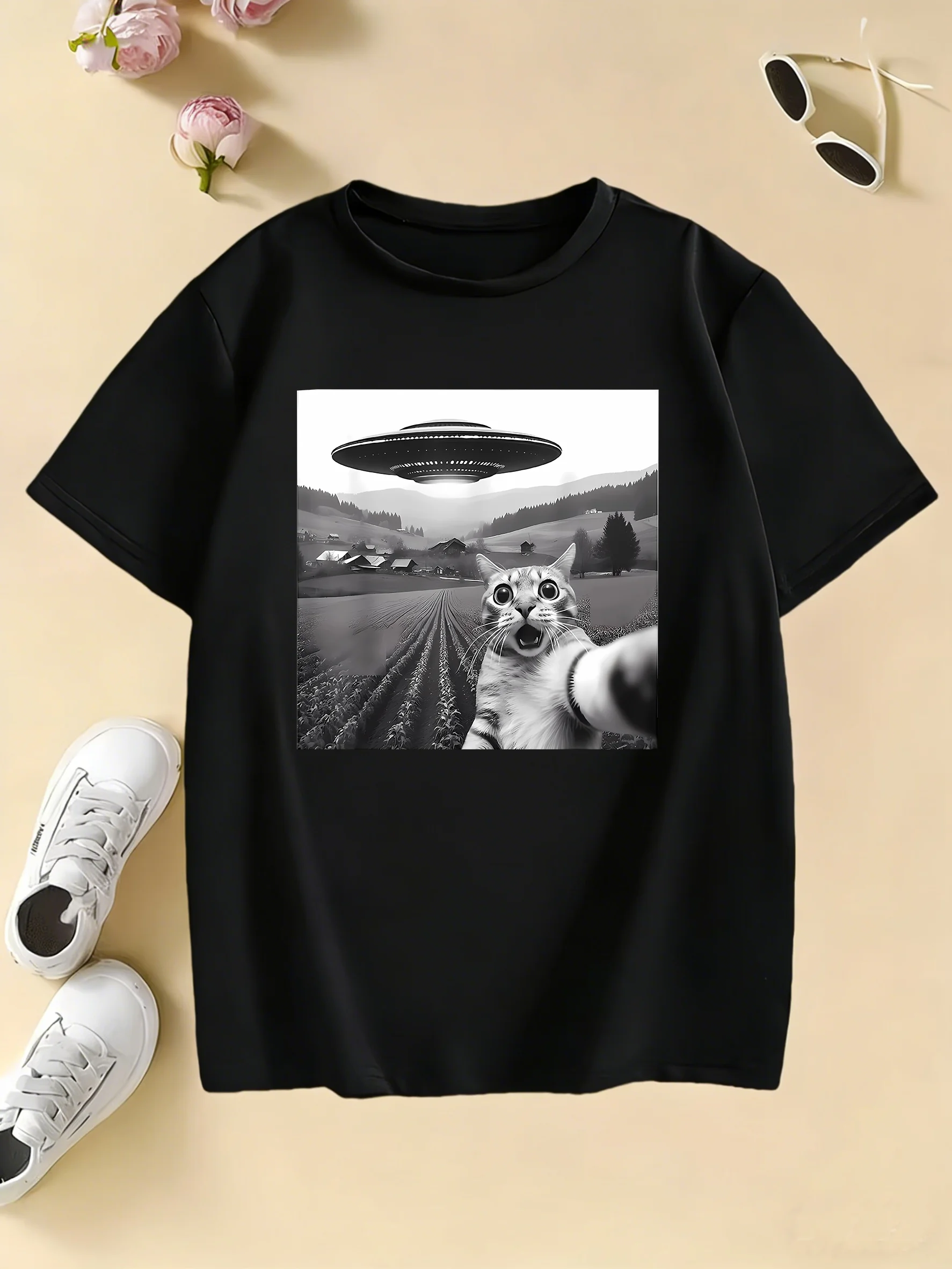 Lustiges, lässiges UFO-Katzen-Kawaii-Design-Print-T-Shirt für Kinder, Anime-T-Shirt für Jungen und Mädchen, Sommer-Frühling, lässiges Oberteil