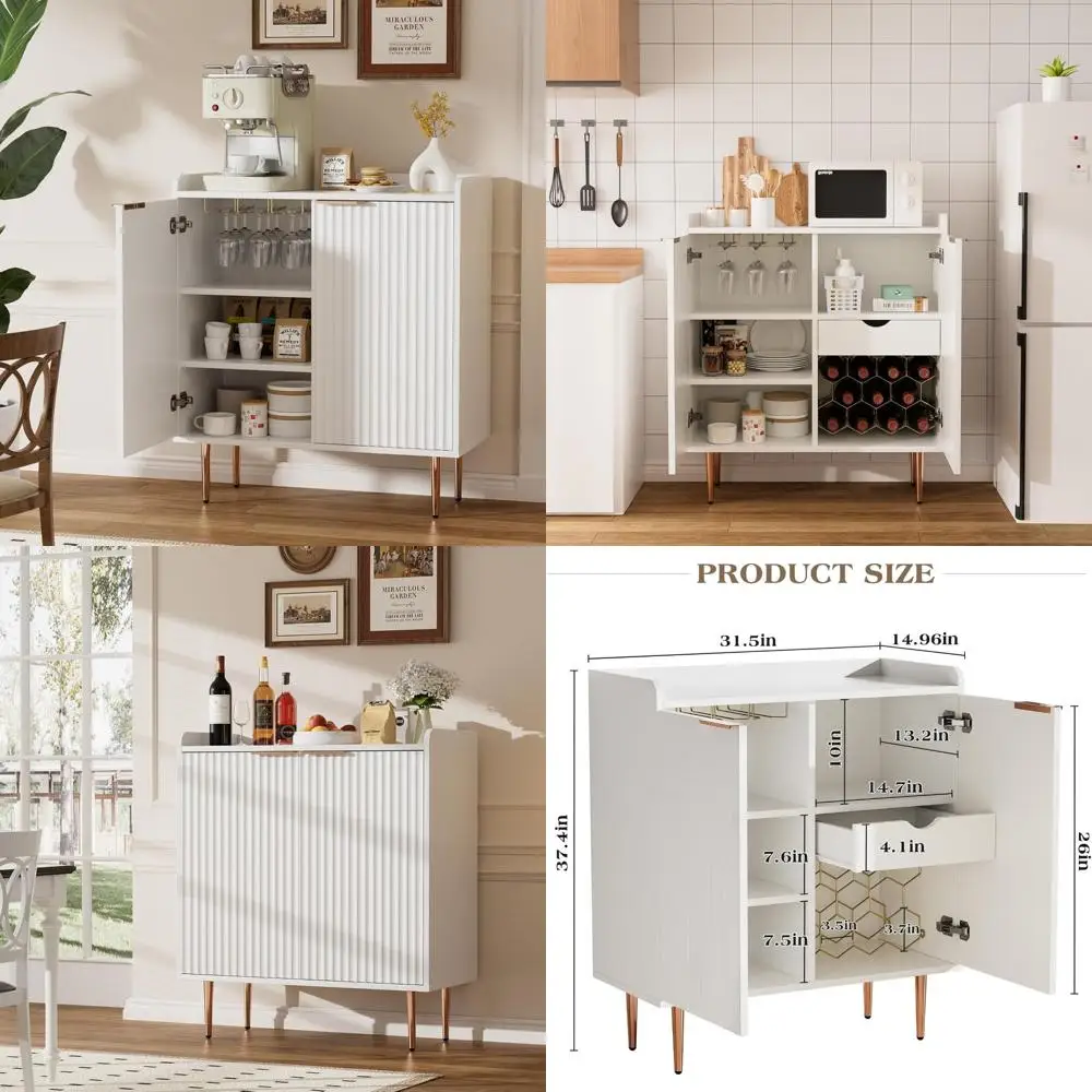 خزانة بوفيه المطبخ مع رف النبيذ وحامل زجاجي، وخزانة جانبية للتخزين للقهوة والمشروبات #1