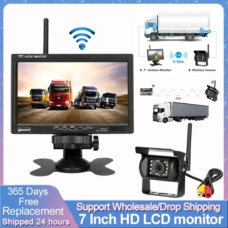 Vehicle Wireless Reverse Camera 7 inch LCD Monitor For Trucks Bus RV Trailer Excavator Car Monitor 12V-24V Rear View Camera