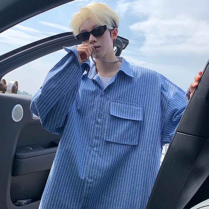 

2025 Men's Autumn Shirt Plus Size Single Breasted Striped Shirt with Big Pocket Oversized Long Sleeve Casual Button Down Shirts